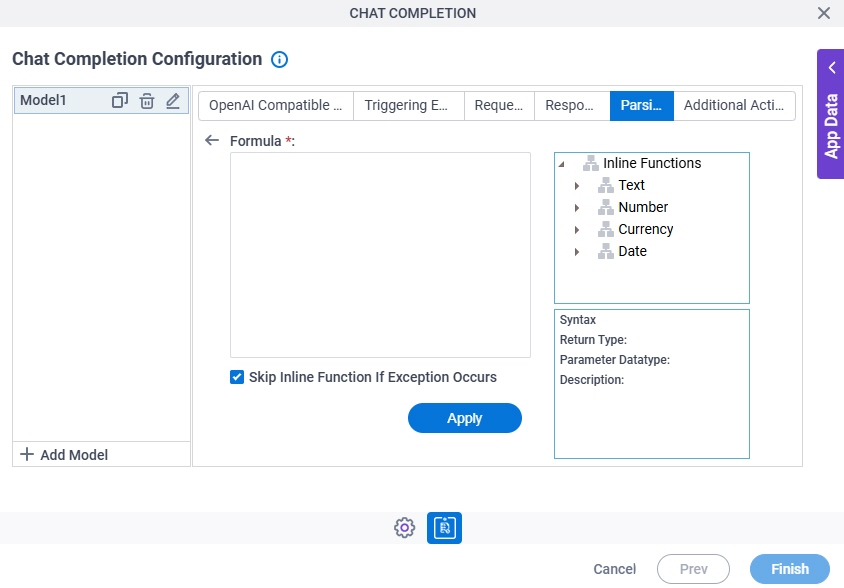 Chat Completion Configuration Parsing Inline Functions screen