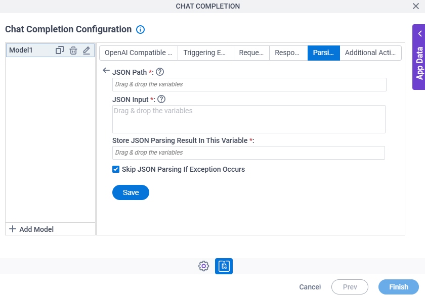 Chat Completion Configuration Parsing JSON Parsing screen