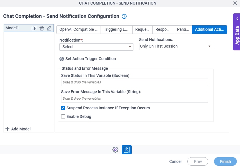Chat Completion Send Notification Configuration Additional Actions tab