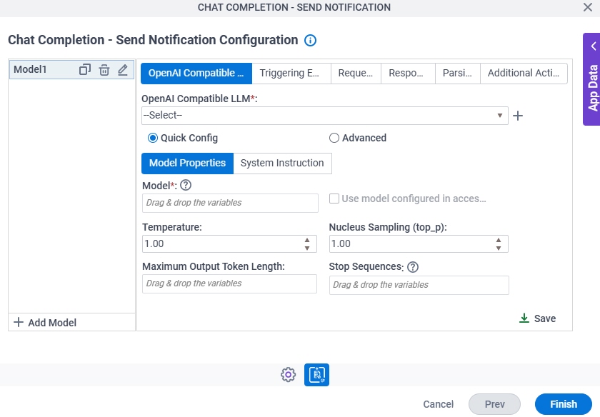 Chat Completion Send Notification Configuration OpenAI Compatible LLM Quick Config Model Properties tab