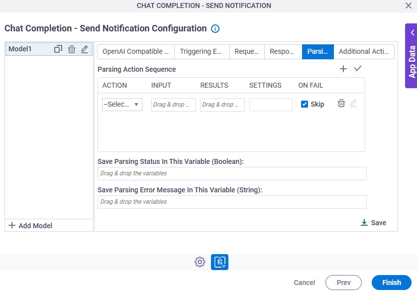Chat Completion Send Notification Configuration Parsing tab