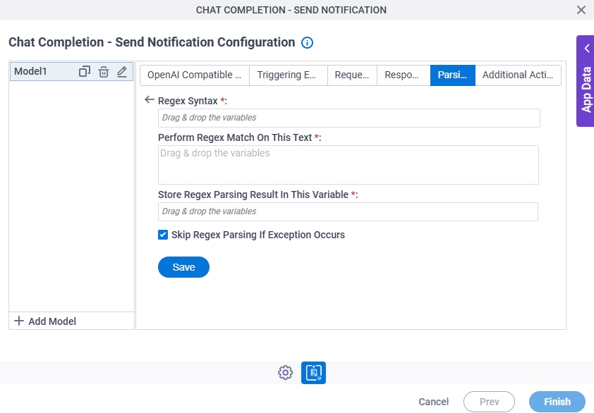 Chat Completion Send Notification Configuration Parsing Regex Parsing screen
