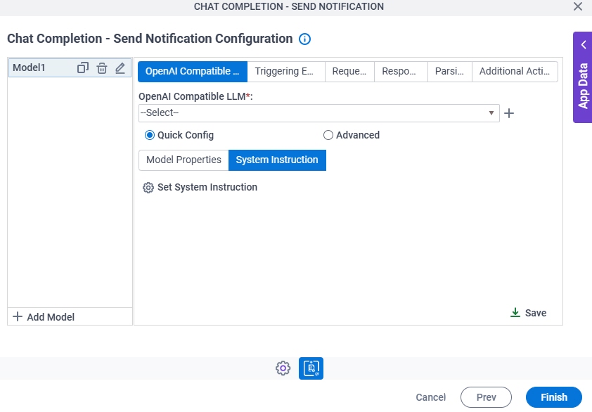 Chat Completion Send Notification Configuration Quick Config System Instruction tab