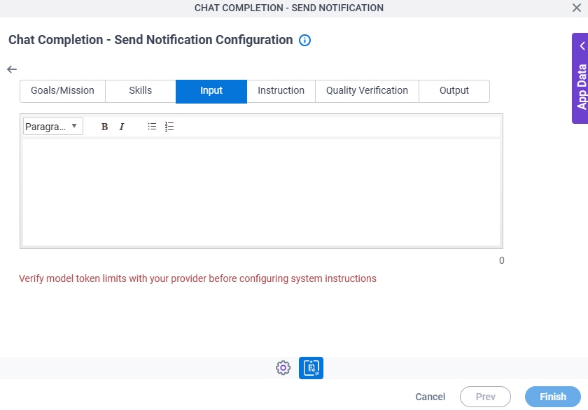 Chat Completion Send Notification Configuration System Instruction Input tab