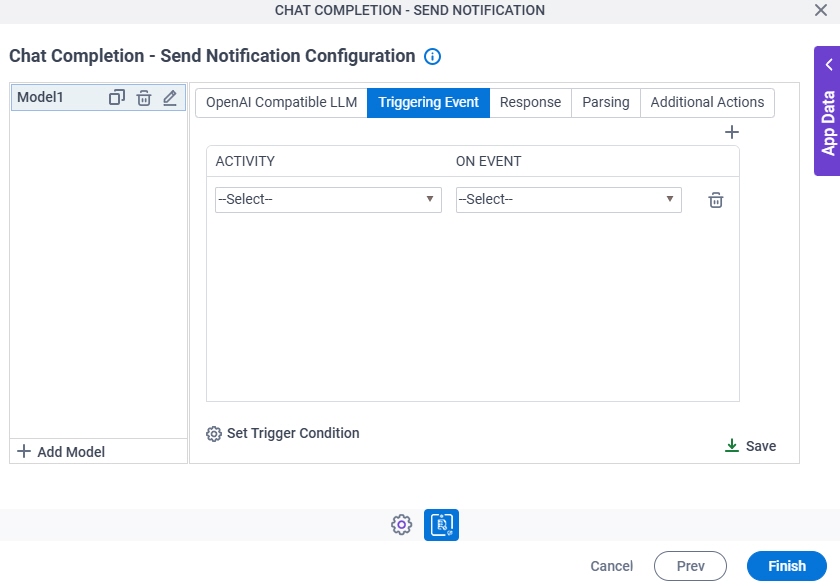 Chat Completion Send Notification Configuration Triggering Event tab
