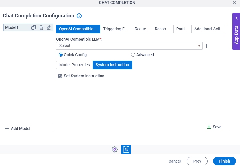 Chat Completion Configuration OpenAI Compatible LLM System Instruction tab