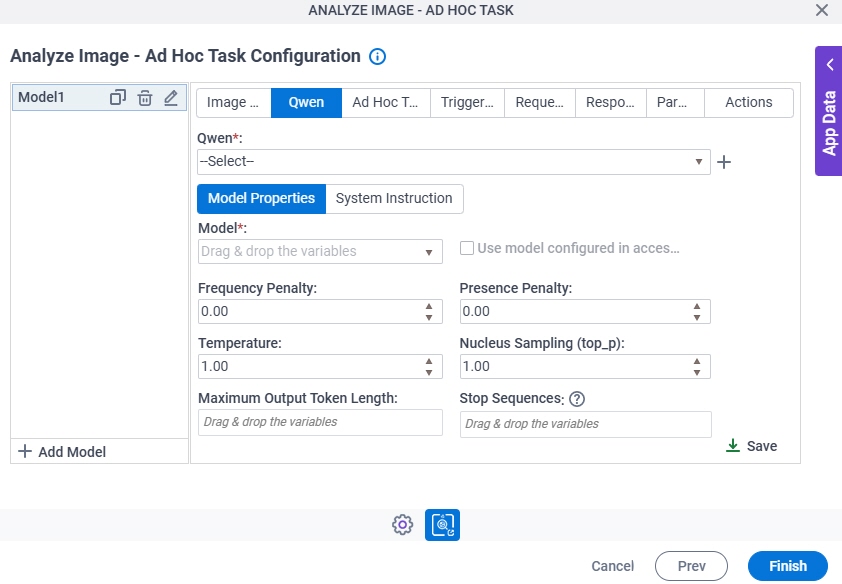 Analyze Image Ad Hoc Task Configuration Qwen Model Properties tab