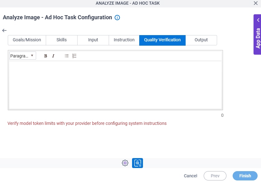 Analyze Image Ad Hoc Task Configuration System Instruction Quality Verification tab