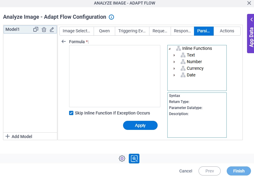 Analyze Image Adapt Flow Configuration Parsing Inline Functions screen