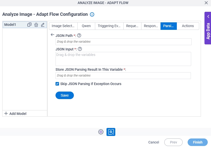 Analyze Image Adapt Flow Configuration Parsing JSON Parsing screen