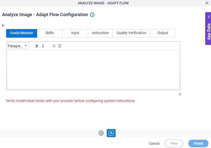 Analyze Image - Adapt Flow Configuration System Instruction Goals Mission tab