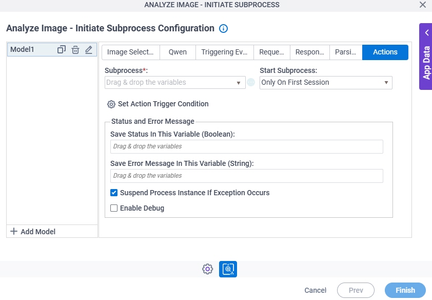 Analyze Image Initiate Subprocess Configuration Actions tab