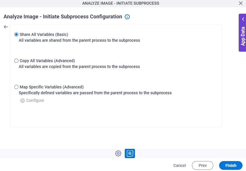 Analyze Image Initiate Subprocess Configuration Actions tab Mapping Variables screen