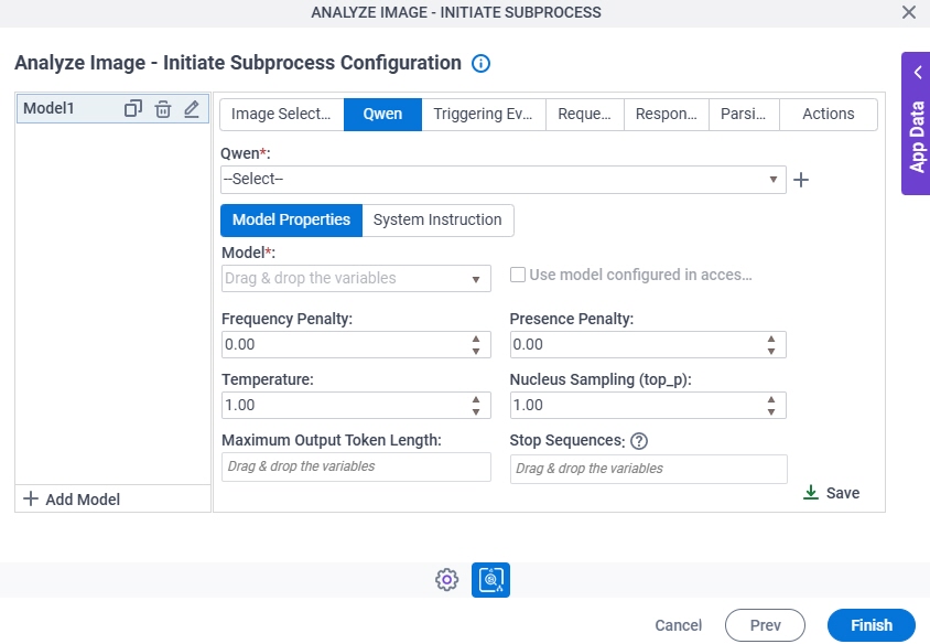 Analyze Image Initiate Subprocess Configuration Qwen Model Properties tab