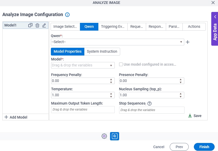 Analyze Image Configuration Qwen Model Properties tab