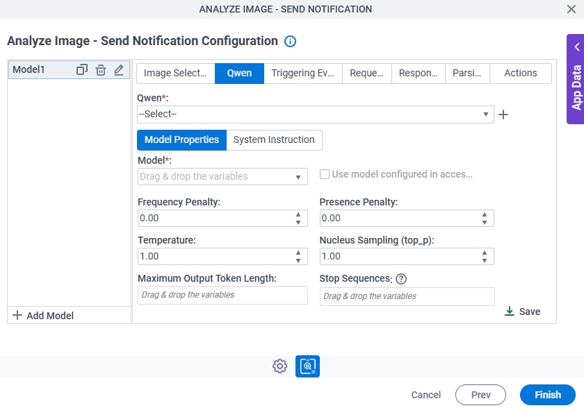 Analyze Image Send Notification Configuration Qwen Model Properties tab