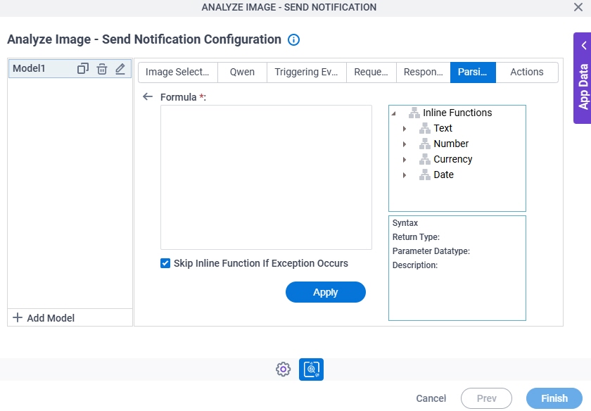 Analyze Image Send Notification Configuration Parsing Inline Functions screen