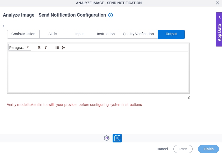 Analyze Image Send Notification Configuration System Instruction Output tab