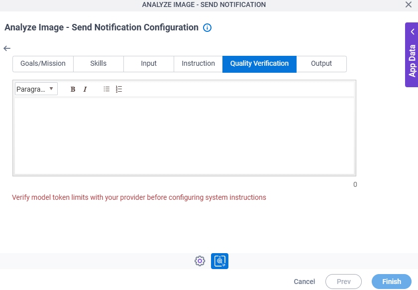 Analyze Image Send Notification Configuration System Instruction Quality Verification tab