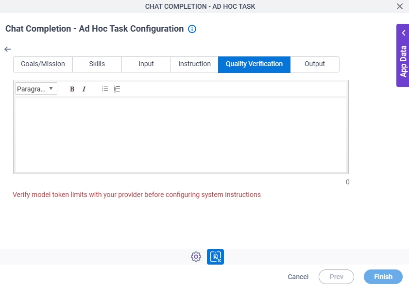 Chat Completion Ad Hoc Task Configuration System Instruction Quality Verification tab