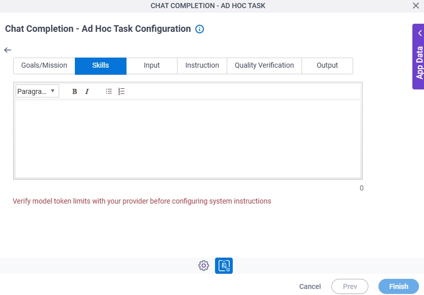 Chat Completion Ad Hoc Task Configuration System Instruction Skills tab
