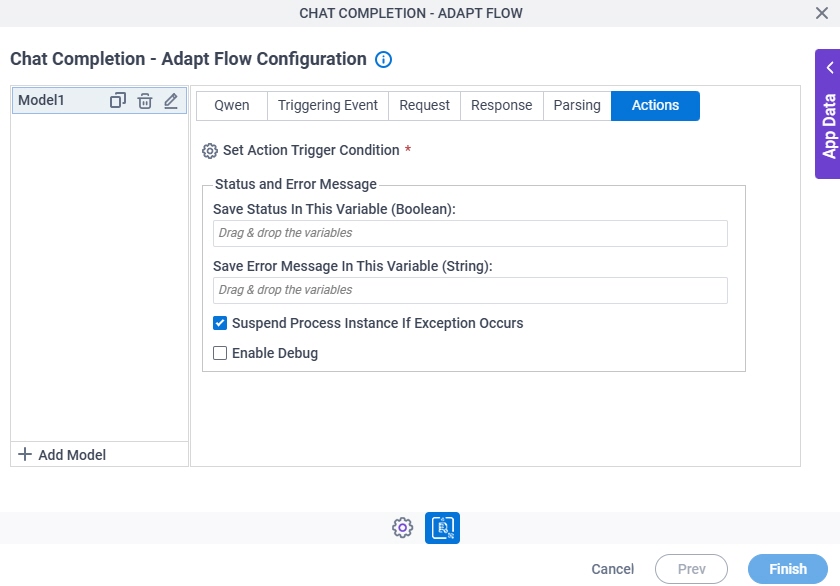 Chat Completion Adapt Flow Configuration Actions tab