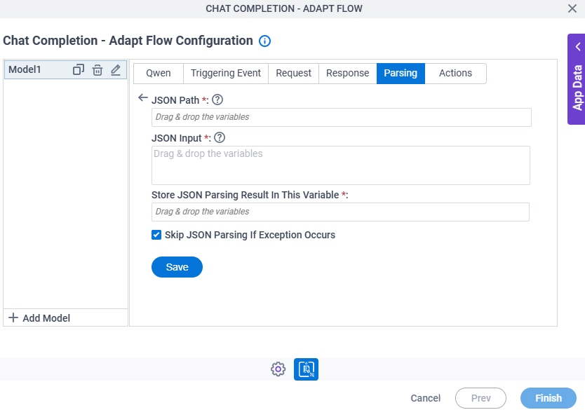 Chat Completion Configuration Adapt Flow Parsing JSON Parsing screen