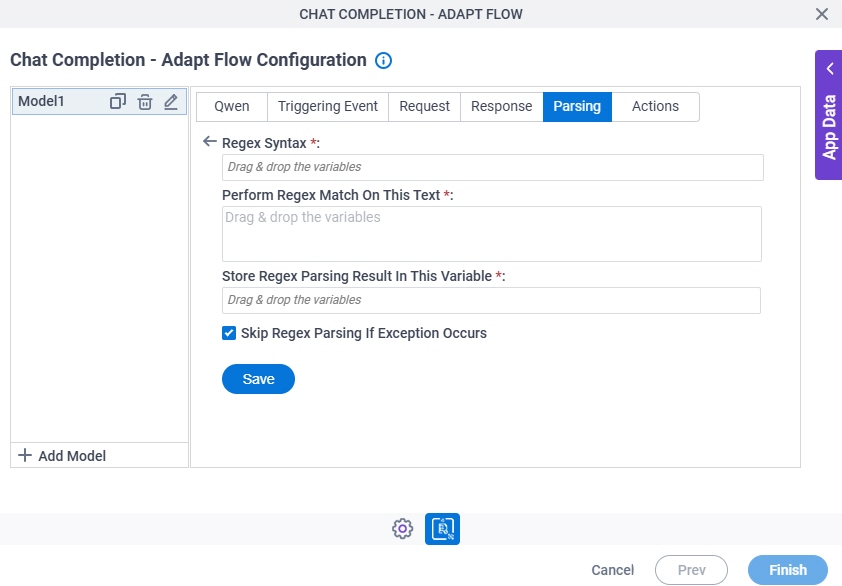 Chat Completion Adapt Flow Configuration Parsing Regex Parsing screen
