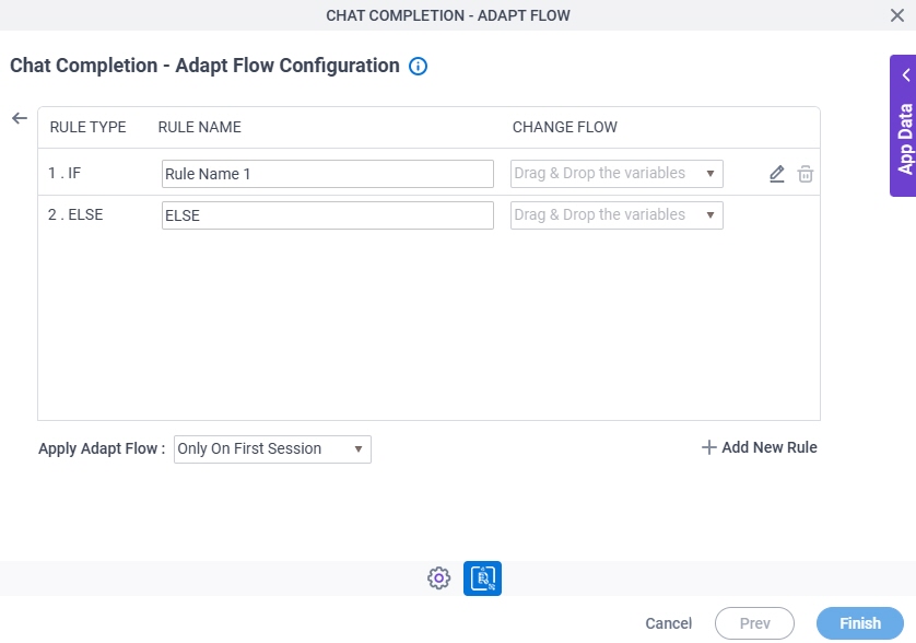 Chat Completion Adapt Flow Configuration Actions Set Action Trigger Condition screen