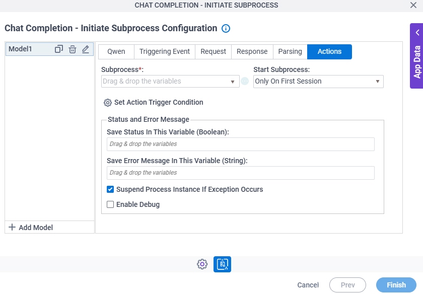 Chat Completion Initiate Subprocess Configuration Actions tab