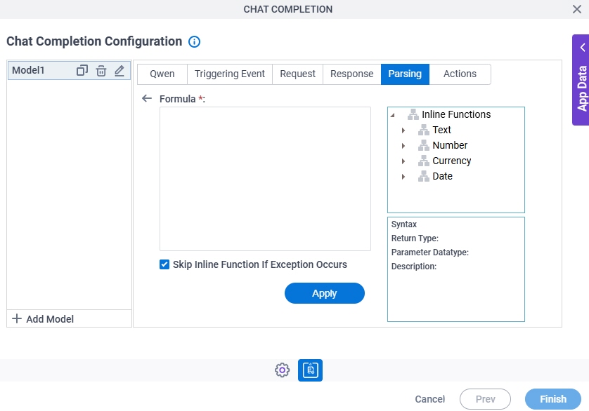 Chat Completion Configuration Parsing Inline Functions screen
