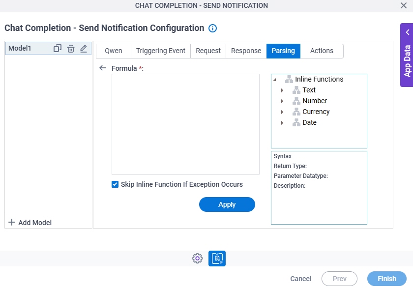 Chat Completion Send Notification Configuration Parsing Inline Functions screen