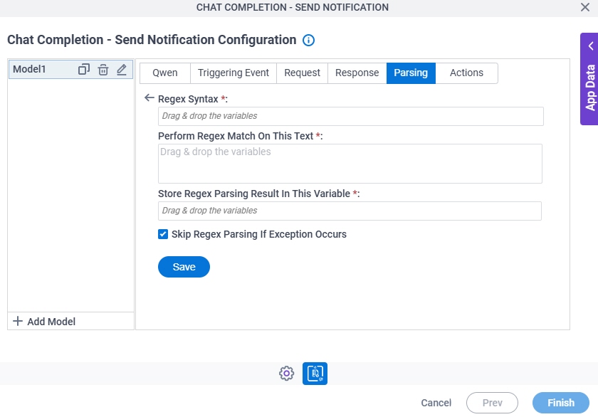 Chat Completion Send Notification Configuration Parsing Regex Parsing screen