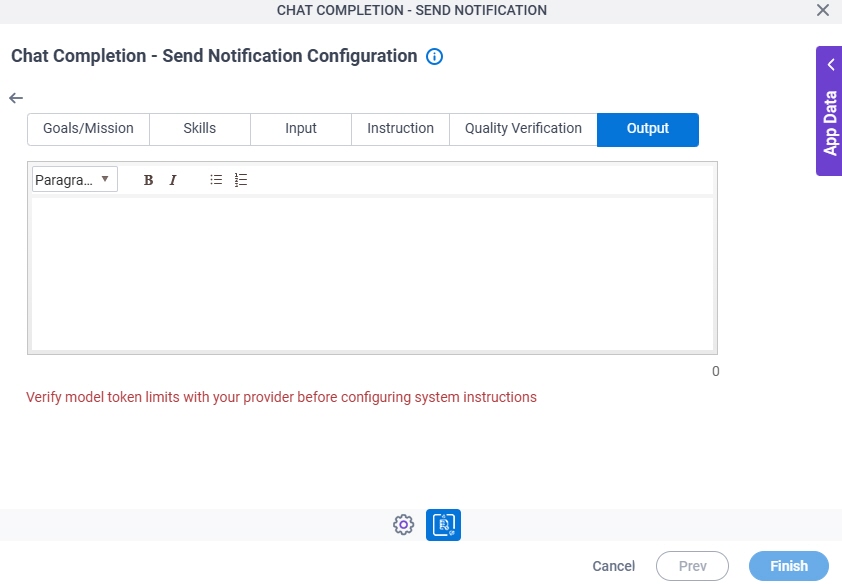 Chat Completion Send Notification Configuration System Instruction Output tab