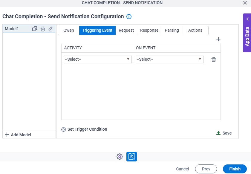 Chat Completion Send Notification Configuration Triggering Event tab