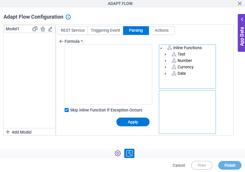 Adapt Flow Configuration Parsing Inline Functions screen