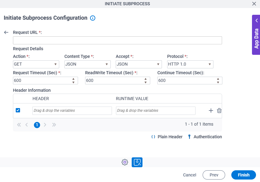 Initiate Subprocess Configuration REST Service Advanced REST Configuration screen