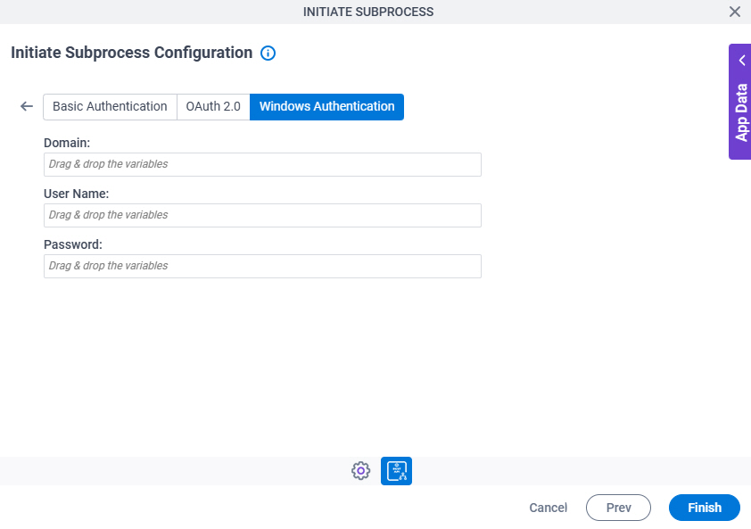 Initiate Subprocess Configuration REST Service Authentication Windows Authentication tab