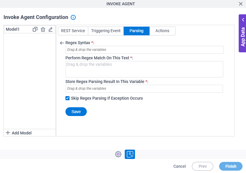 Invoke Agent Configuration Parsing Regular Expression screen