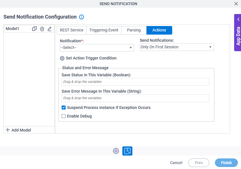 Send Notification Configuration Actions tab