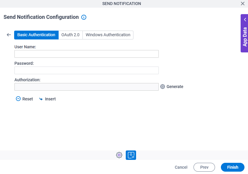 Send Notification Configuration REST Service Authentication Basic Authentication tab