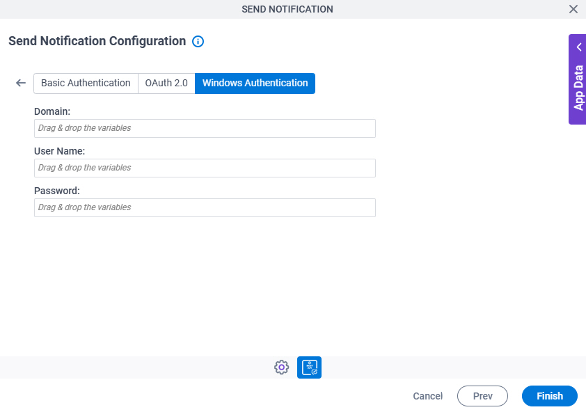 Send Notification Configuration REST Service Authentication Windows Authentication tab