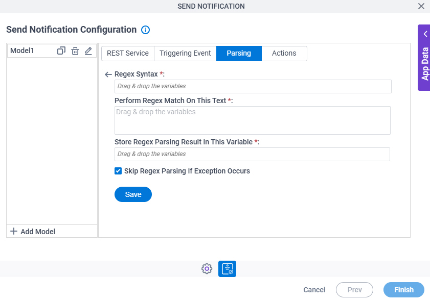 Send Notification Configuration Parsing Regex Parsing screen