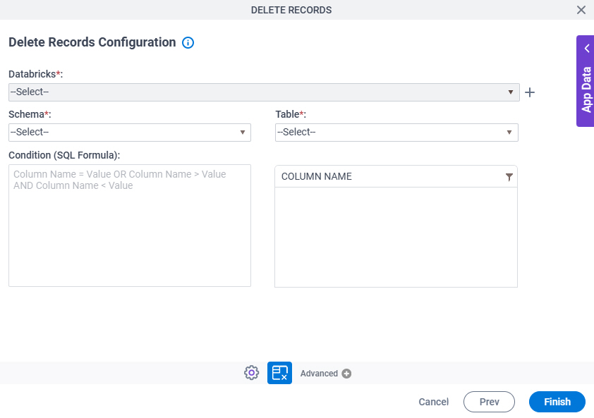 Delete Records Configuration screen