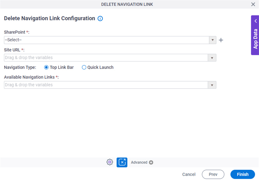 Delete Navigation Link Configuration screen