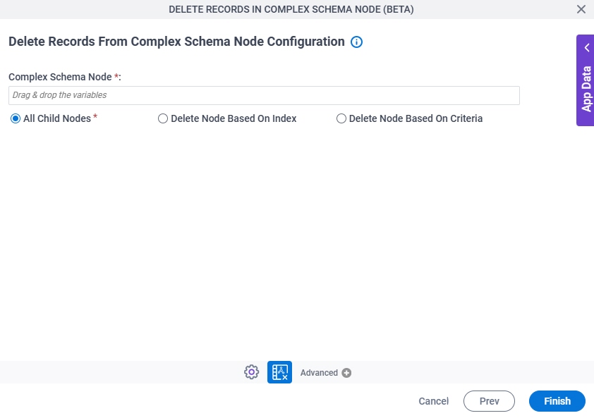 Delete Records From Complex Schema Node Configuration screen