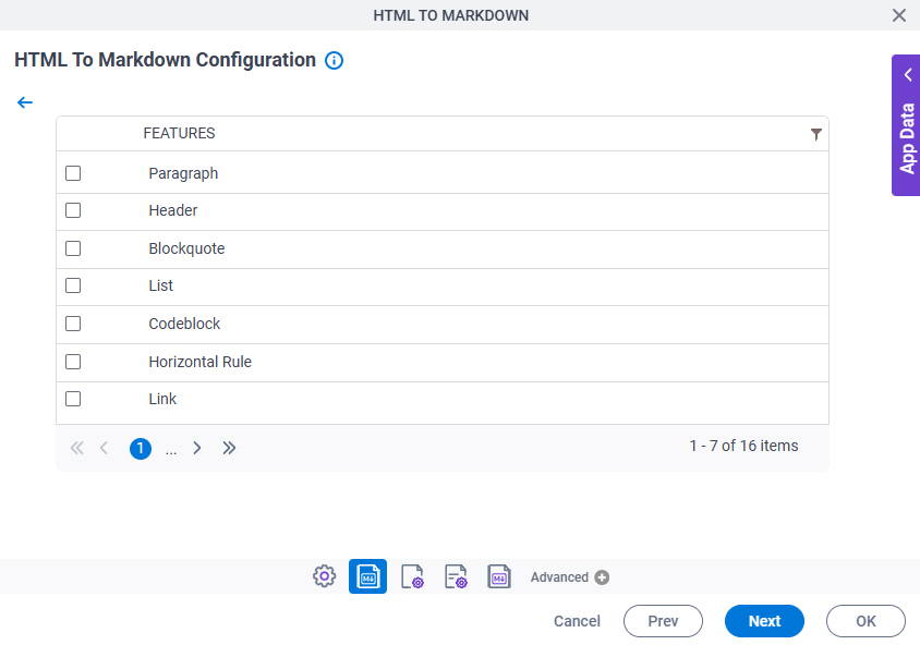 HTML To Markdown Configuration Select Features screen