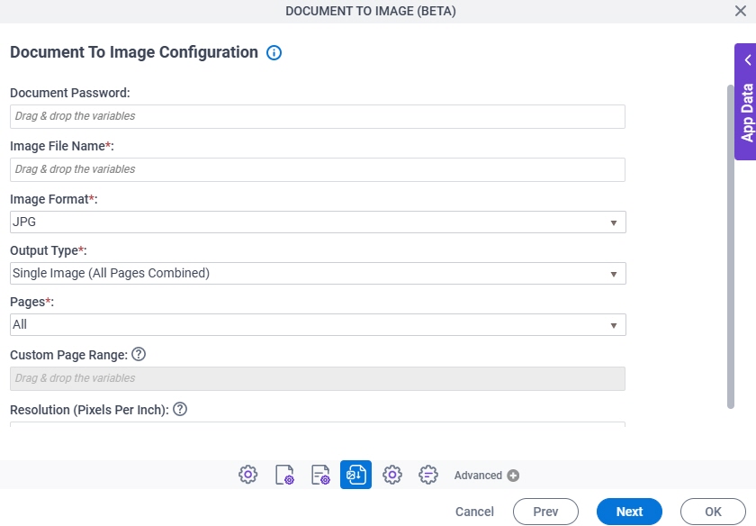 Document To Image Configuration screen