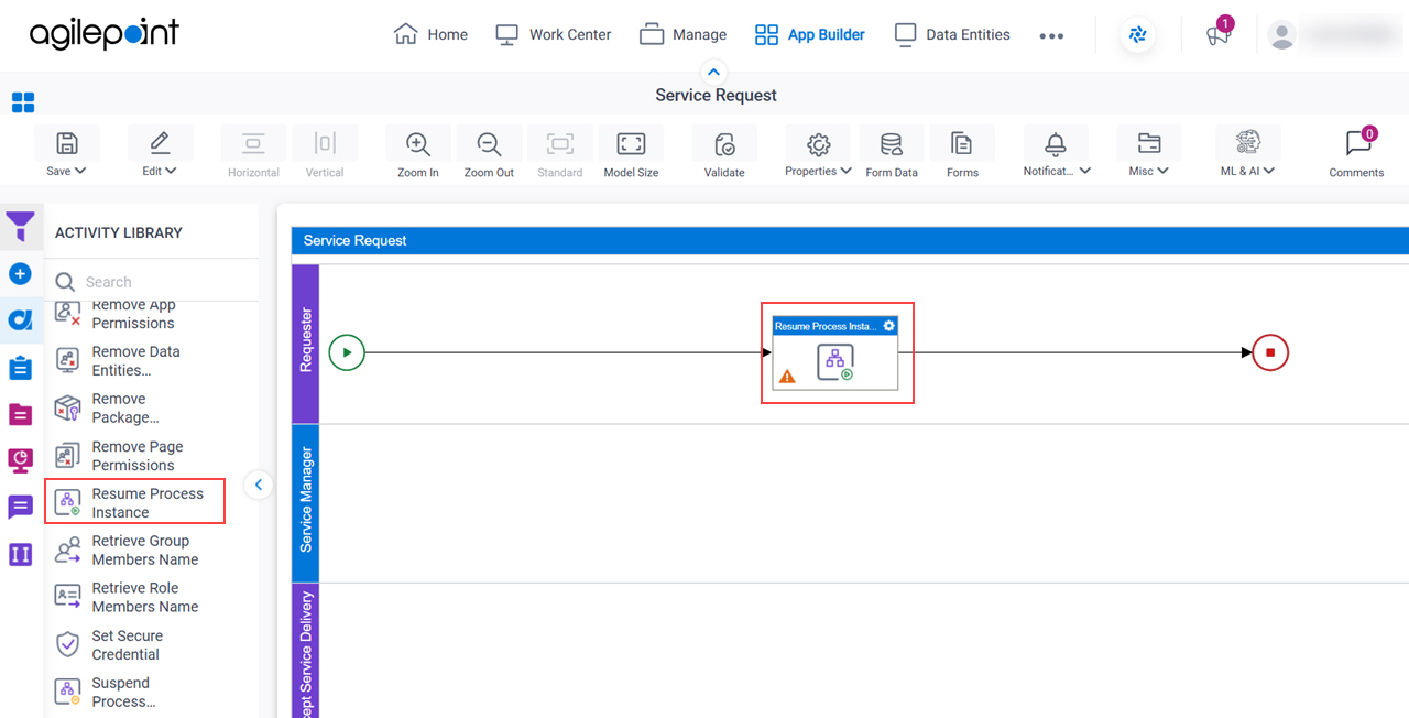 Drag Resume Process Instance activity