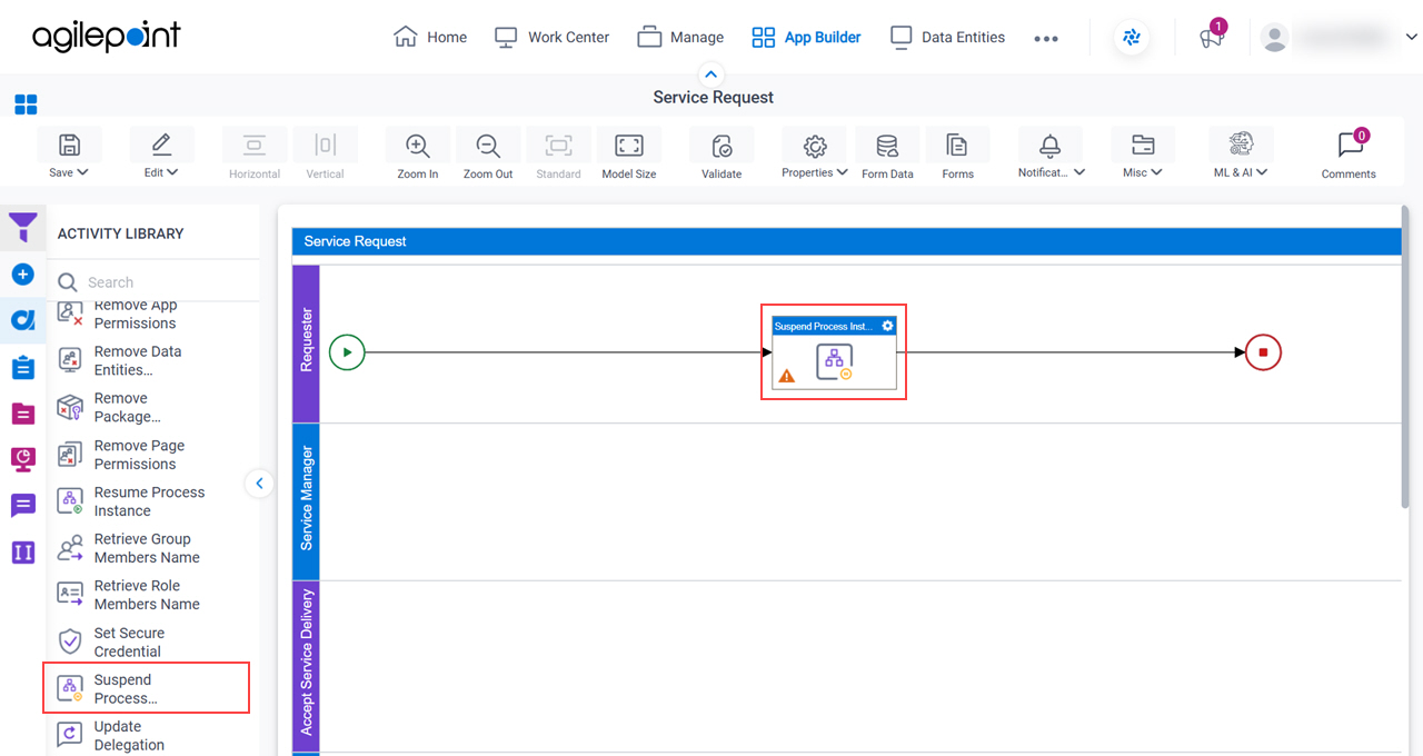 Drag Suspend Process Instance activity